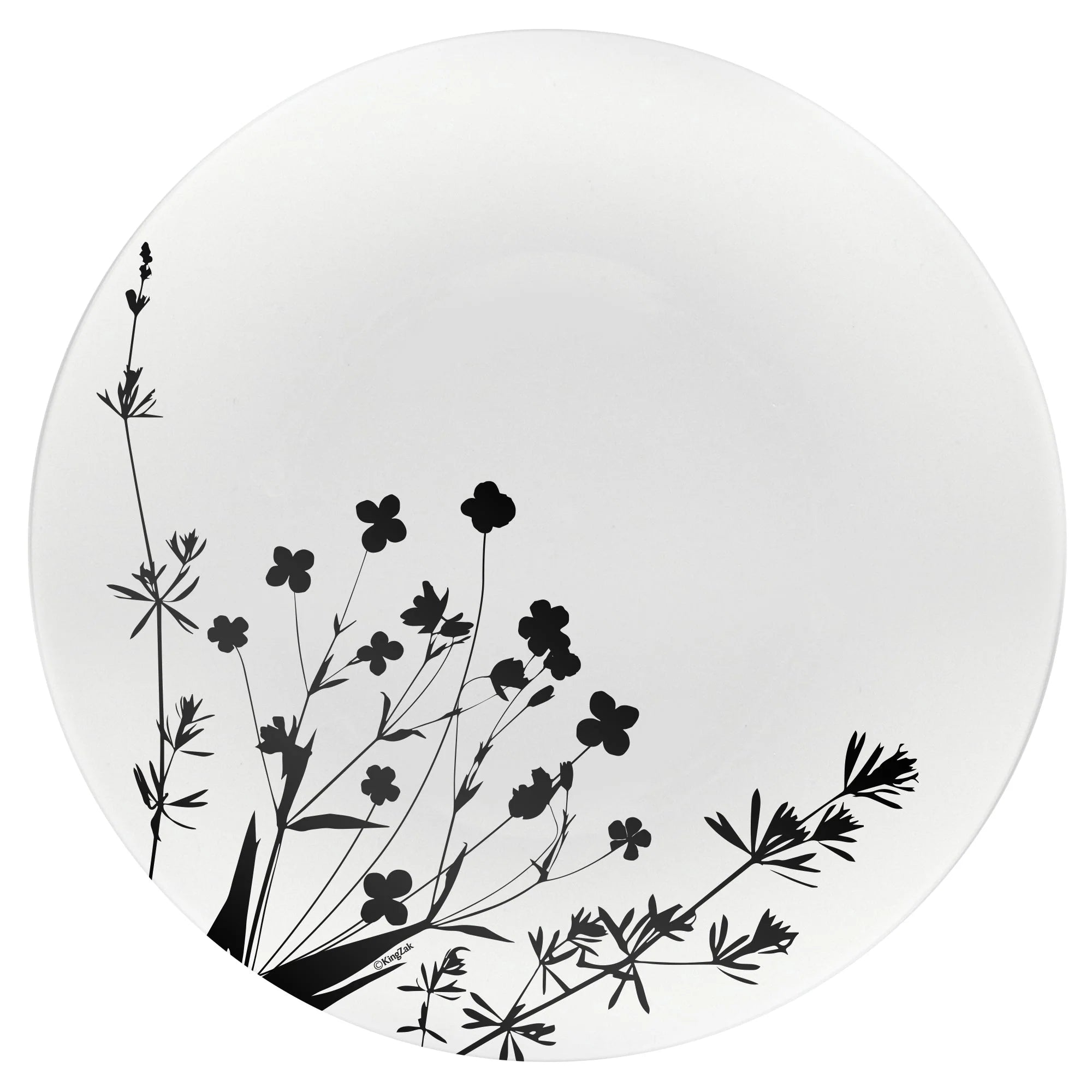 Round Wildflower Black/White Plate featuring a black floral design on white, available in 10.5-inch and 8-inch sizes. Reusable, durable, BPA-free, perfect for weddings, events, and daily use.
