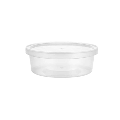 8oz Deli Container with Lid, durable disposable food storage containers ideal for deli items, snacks, soups, and salads. Clear plastic with secure, leak-resistant lids for fresh food storage.