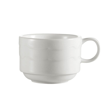 8oz stacking cup with a sleek, durable ceramic design. 3.5-inch stackable coffee mug for space-saving storage. Ideal for homes, cafés, restaurants, and office break rooms.