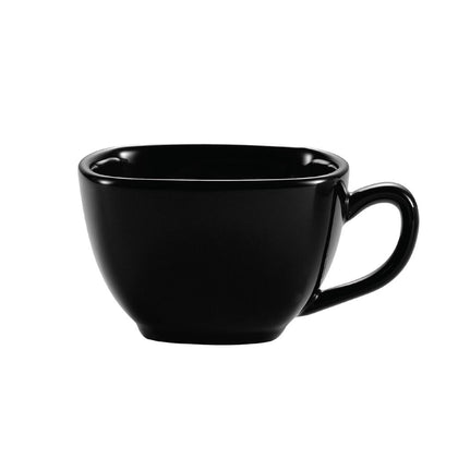 8oz square black cup, durable ceramic drinkware, modern black glaze, contemporary coffee mug, microwave and dishwasher safe, stylish tea cup for home, café, and entertaining.