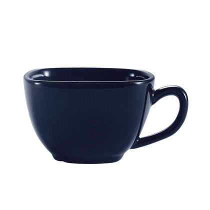 8oz square cobalt blue cup, durable ceramic drinkware, rich blue glaze, modern coffee mug, microwave and dishwasher safe, stylish tea cup for home, café, and entertaining.