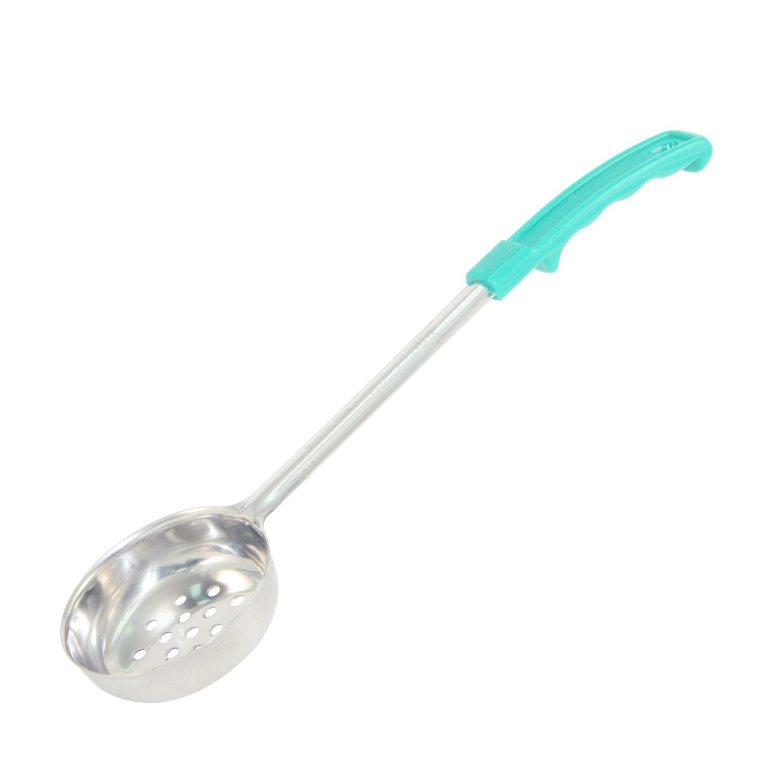8oz stainless steel perforated portion spoon with blue handle. Great for draining and serving in commercial kitchens. Durable and color-coded for easy use. Packed 72 each per case.