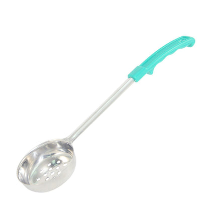 8oz stainless steel perforated portion spoon with blue handle. Great for draining and serving in commercial kitchens. Durable and color-coded for easy use. Packed 72 each per case.