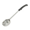 8oz stainless steel solid portion spoon with black handle, designed for heavy-duty kitchen use. Durable, easy-grip, and perfect for serving consistent portions. Packed 72 per case for efficiency.