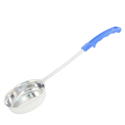 8oz stainless steel solid portion spoon with blue handle for controlled serving. Durable design with color-coded grip. Perfect for busy commercial kitchens. Packed 72 per case for efficiency.