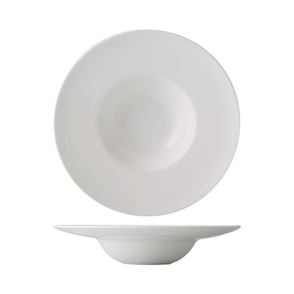 8oz wide rim soup bowl, elegant porcelain soup dish, chip-resistant dinnerware, microwave-safe, dishwasher-safe, durable restaurant-quality bowl, perfect for soups, stews, pasta, and chowder.