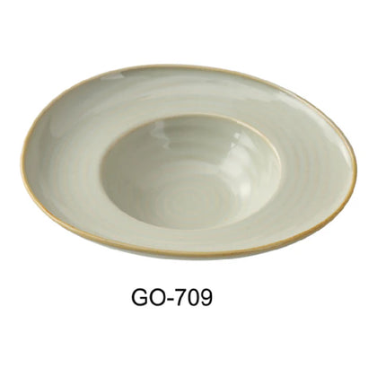 This dessert plate features a wide rim and curved edge, making it suitable for serving desserts and small appetizers. Its earthy tone complemented by a golden rim offers a refined presentation for upscale cafes, restaurants, and catering environments. Made from high-quality porcelain, the plate is microwave and dishwasher safe, supporting efficient cleaning cycles and workstation versatility.