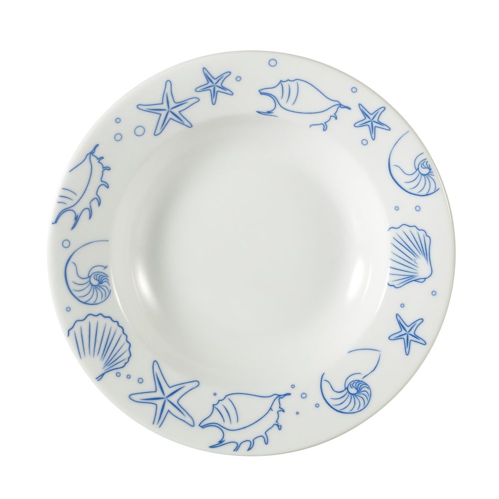 9-inch porcelain seashell rim soup plate, 10oz capacity. Elegant and durable dinnerware, chip-resistant, microwave- and dishwasher-safe. Perfect for soups, chowders, and pasta dishes.