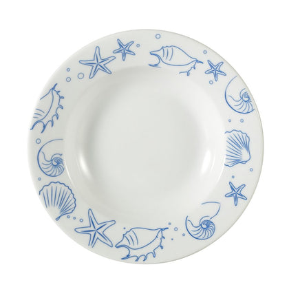 9-inch porcelain seashell rim soup plate, 10oz capacity. Elegant and durable dinnerware, chip-resistant, microwave- and dishwasher-safe. Perfect for soups, chowders, and pasta dishes.