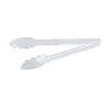 9-inch clear plastic utility tongs with durable construction for hygienic and precise food handling; lightweight, ergonomic, and easy to clean; ideal for buffets and catering; packed 144 per case.