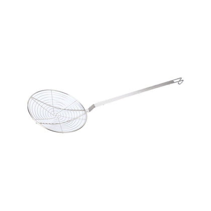 9-inch wire spiral skimmer with nickel plated finish and long handle for safe, efficient draining. Corrosion-resistant and durable, ideal for commercial kitchens. Packed 48 each per case.