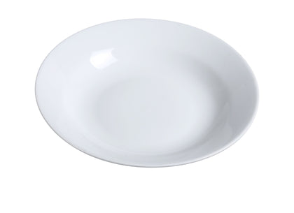 This contemporary soup plate features a deep plate with a wide, rolled rim. Perfect for serving soups, sandwiches and side salads, this soup plate is a must-have addition to buffets, restaurants, bistros and cafes. Made from high-quality super white porcelain, this plate is exceptionally durable. The plate measures 9