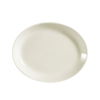 9.5 inch Coupe Oval Platter made from durable stoneware with a smooth finish, ideal for serving appetizers, desserts, or small entrees. Microwave and dishwasher safe.