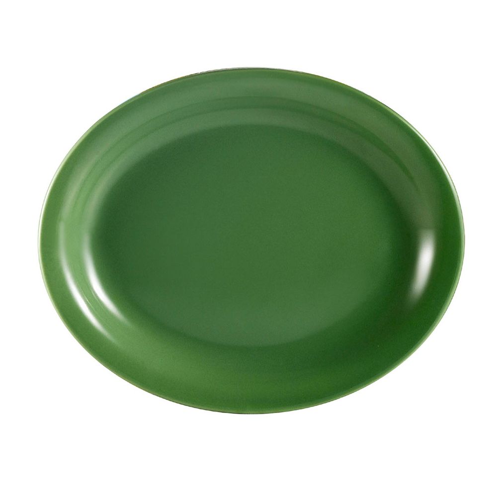 9.75” N.R. Green oval platter, durable break-resistant serving dish for appetizers, entrées, sides, microwave-safe, dishwasher-safe, modern tableware for restaurants, catering, and home use.