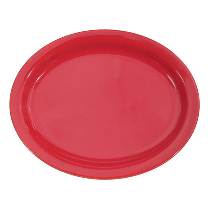 9.75” N.R. Red oval platter, durable break-resistant serving dish for appetizers, entrées, sides, microwave-safe, dishwasher-safe, modern tableware for restaurants, catering, and home use.