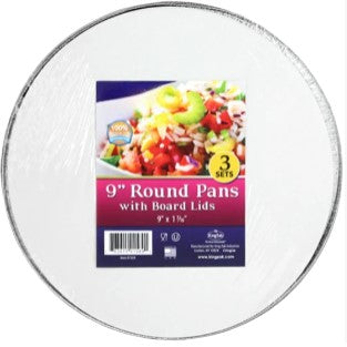 9-inch round aluminum pan with board lid, perfect for baking cakes, pies, and desserts, offering even heat distribution, secure lid for storage, and durable, easy-to-clean construction