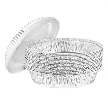 9-inch round aluminum pan with dome lid for baking cakes, pies, and desserts, offering even heat distribution, secure lid for freshness, and durable, easy-to-clean design for storing and transport