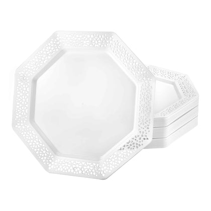 Lacetagon premium octagonal plates in 11-inch, 9-inch, and 7-inch sizes. Durable, BPA-free, reusable, and disposable. Perfect for weddings, parties, catering, and elegant table settings.