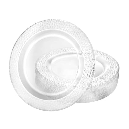 Pebbled Clear Plates in 10-inch, 9-inch, and 7-inch sizes. Elegant, durable, and reusable dinnerware. Perfect for upscale events, parties, weddings, and gatherings. Premium quality, recyclable, and disposable.