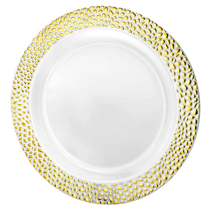 Pebbled Premium Gold Plates in 10-inch, 9-inch, and 7-inch sizes. Elegant, durable, and reusable dinnerware. Perfect for weddings, catering, parties, and home dining. BPA-free and suitable for all meals.