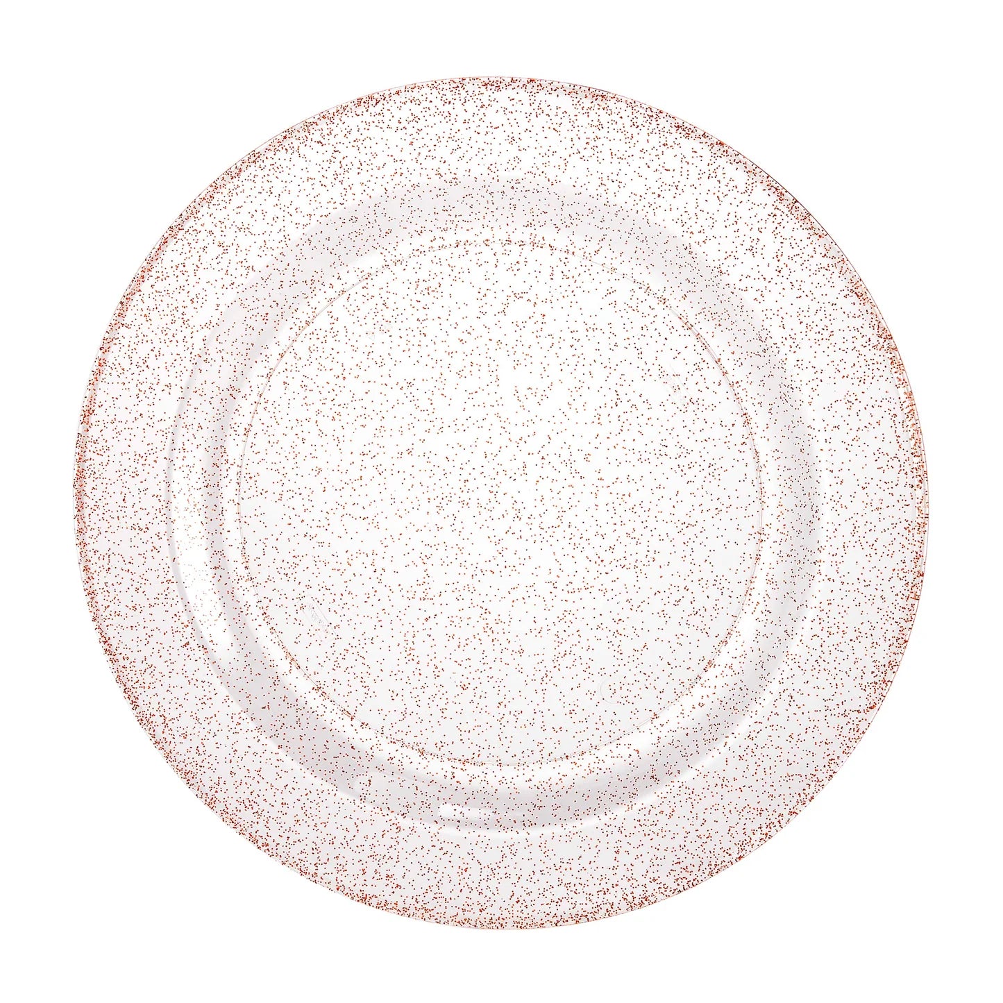 Rose gold round glitter plates in 7.5-inch, 9-inch, and 10.25-inch sizes. Perfect for meals, appetizers, salads, and desserts. Ideal for weddings, parties, catering, events. Durable, BPA-free, and reusable.