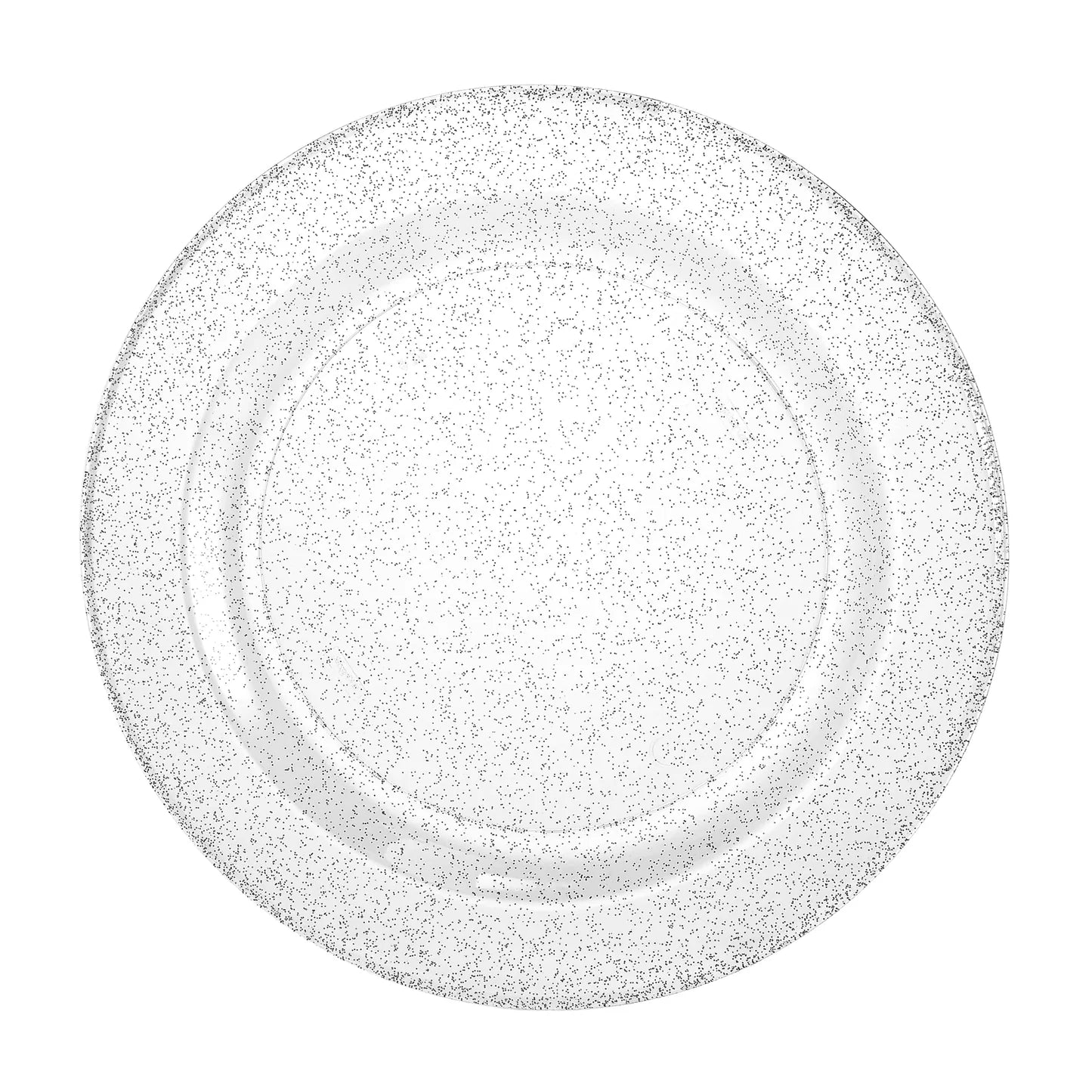 Round silver glitter plastic plates in 10.25-inch, 9-inch, and 7.5-inch sizes. Durable, BPA-free, reusable, and disposable. Perfect for weddings, parties, catering, and elegant table settings.