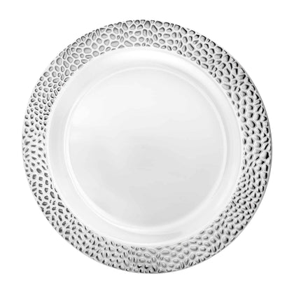 Pebbled Premium Silver Plates in 10-inch, 9-inch, and 7-inch sizes. Durable, reusable dinnerware with a silver finish and pebbled texture. Ideal for weddings, catering, and special occasions.