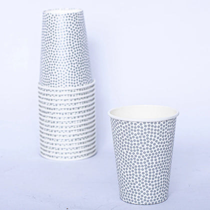 Serve hot or cold drinks in style with 9oz Silver Dots Paper Cups. Perfect for upscale events, these disposable cups feature an elegant silver dot design, offering both functionality and sophistication.