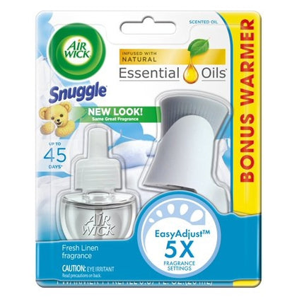 Air Wick Scented Oil Starter Kit in Snuggle Fresh Linen offers the comforting scent of freshly washed laundry with the softness and brightness of sunshine and white floral notes. Infused with familiar freshness, this starter kit includes plug-in warmers and scented oil refills, providing up to 45 days of continuous fragrance per refill. The adjustable fragrance settings let you personalize the scent intensity to suit any room in your home.