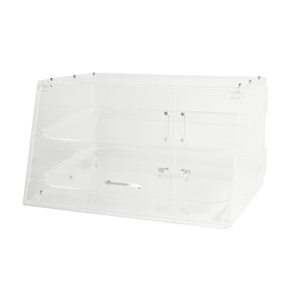 Acrylic Bakery Display Case 2-Tier set with clear acrylic design, offering optimal visibility, easy access, and ample storage for showcasing pastries, baked goods, or snacks in retail environments.