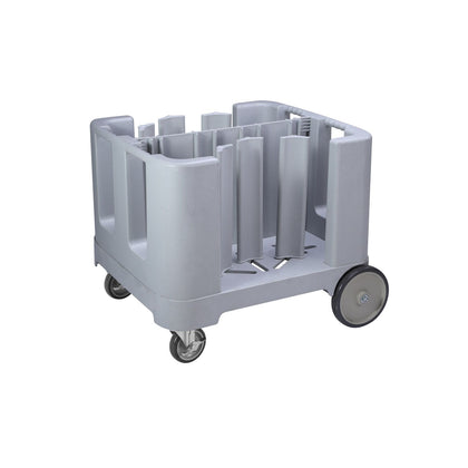 Adjustable gray dish caddy set with vinyl cover, made from durable polyethylene and equipped with smooth-rolling casters. Ideal for transporting plates in commercial kitchens and catering events.