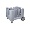 Adjustable gray dish caddy set with vinyl cover, made from durable polyethylene and equipped with smooth-rolling casters. Ideal for transporting plates in commercial kitchens and catering events.