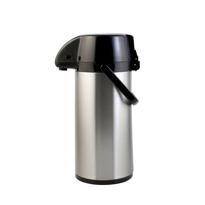 1.9L glass-lined airpot with lever top dispenser, durable stainless steel exterior, and excellent heat retention—perfect for office use, events, and coffee stations.