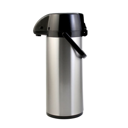 2.5L glass-lined airpot with lever top dispenser, durable stainless steel exterior, and excellent heat retention—ideal for catering, office coffee service, and hospitality.