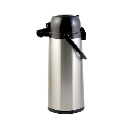 2.5L glass-lined airpot with push button dispensing, durable stainless steel construction, and excellent heat retention for catering, break rooms, and hospitality service.