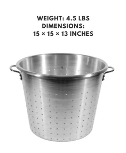 A 15-inch aluminum food container with a stainless steel finish, ideal for storing and transporting food securely.



