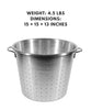 A 15-inch aluminum food container with a stainless steel finish, ideal for storing and transporting food securely.



