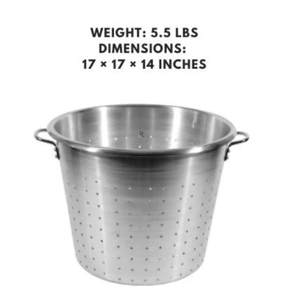 A 17-inch aluminum food container with a stainless steel finish, designed for secure food storage and easy transport.

