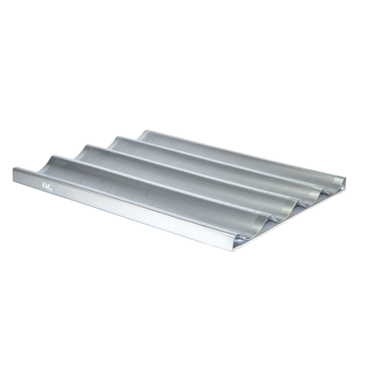 Aluminum French baguette pan 26x18 inches with 4-loaf capacity, perforated design for crisp crusts, even heat distribution, and durable construction for professional baking results.