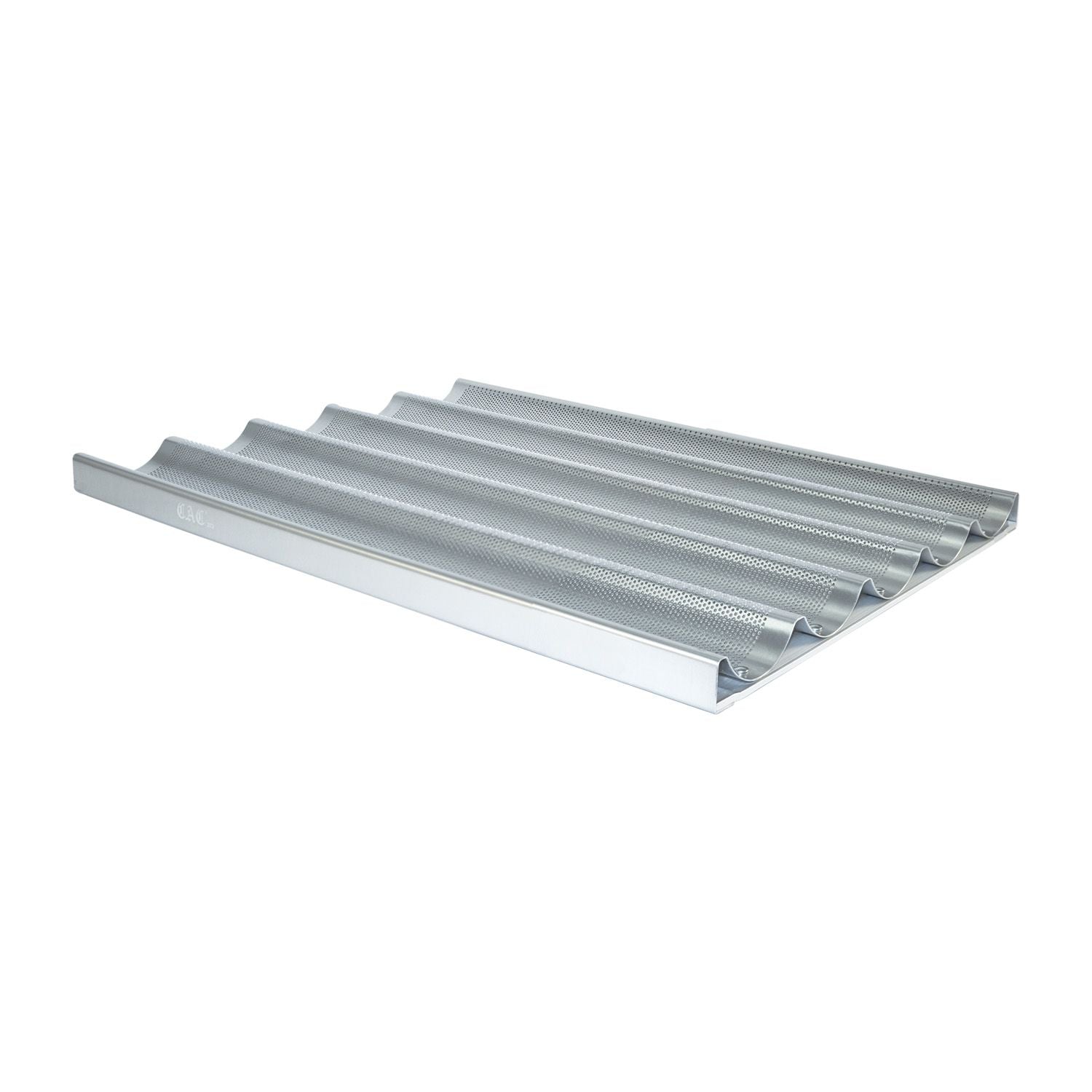 Aluminum French baguette pan 26x18 inches with 5-loaf capacity, perforated design for crisp crusts, even baking, and durable construction for commercial and home baking use.