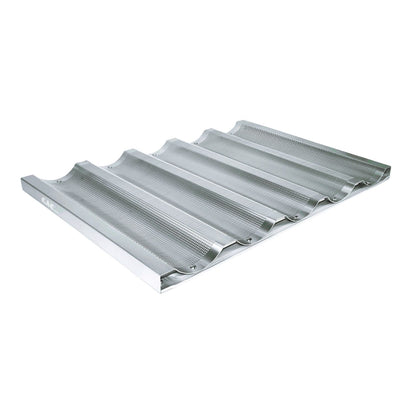 Aluminum French baguette pan 26x18 inches with 5 wide loaf cavities, perforated for airflow, durable design, and ideal for baking larger artisan-style baguettes in commercial kitchens.