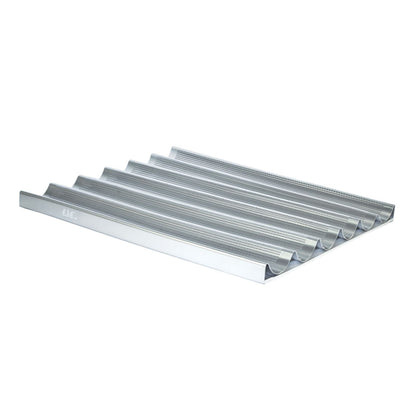Aluminum French baguette pan 26x18 inches with 6 loaf cavities, perforated for even heat distribution, crispy crusts, and durable for consistent baking in commercial or home kitchens.