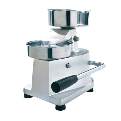 Aluminum burger patty molding press set, 1/2 lb capacity with 6-inch diameter. Ensures uniform shaping, easy use, and durable performance for commercial or home kitchen applications.