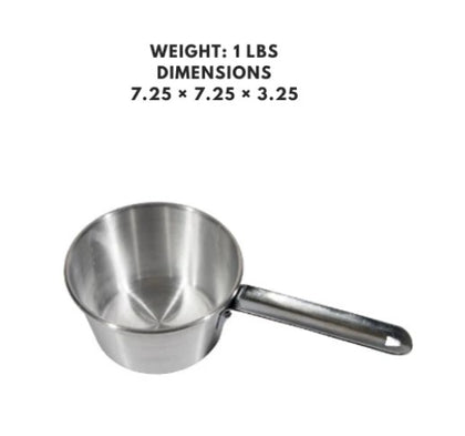 A 2-quart aluminum sauce pan with a sturdy handle, perfect for cooking sauces, soups, and meals with even heat distribution.

