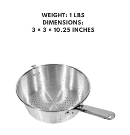 A 10-inch aluminum utility strainer with a hook, designed for easy straining and draining in the kitchen.



