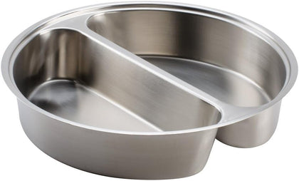 Atlantis divided round food pan for Atlantis chafer with mirror finish, durable design, and two compartments; ideal for catering, buffets, and foodservice with efficient heat retention and display.
