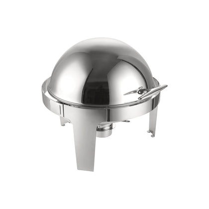 Atlantis round 6QT chafer set with mirror finish, durable frame, and full setup; ideal for buffets, catering, banquets, and professional food service with elegant round design and functionality.