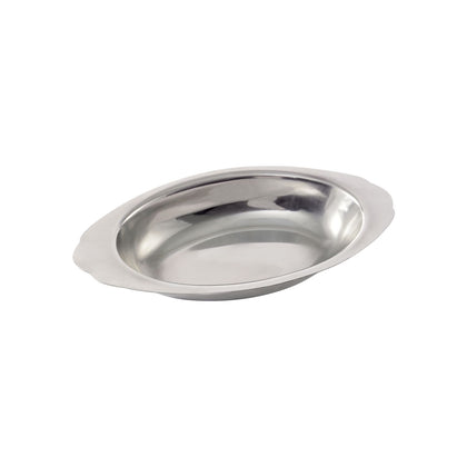 Au Gratin Dish SS 15oz with polished stainless steel, 15oz capacity, oven-safe design, and excellent heat distribution for professional baking and serving in foodservice settings.