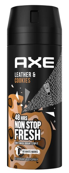 AXE Body Spray Deodorant Cookies & Leather, 150ml, Case of 12 – long-lasting fragrance with a warm cookies and leather scent.