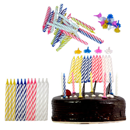 Pink blue white yellow birthday candles 24 pack with holders colorful candles birthday cake decorations long-lasting burn bright cheerful flame easy placement secure holders festive celebration multiple uses